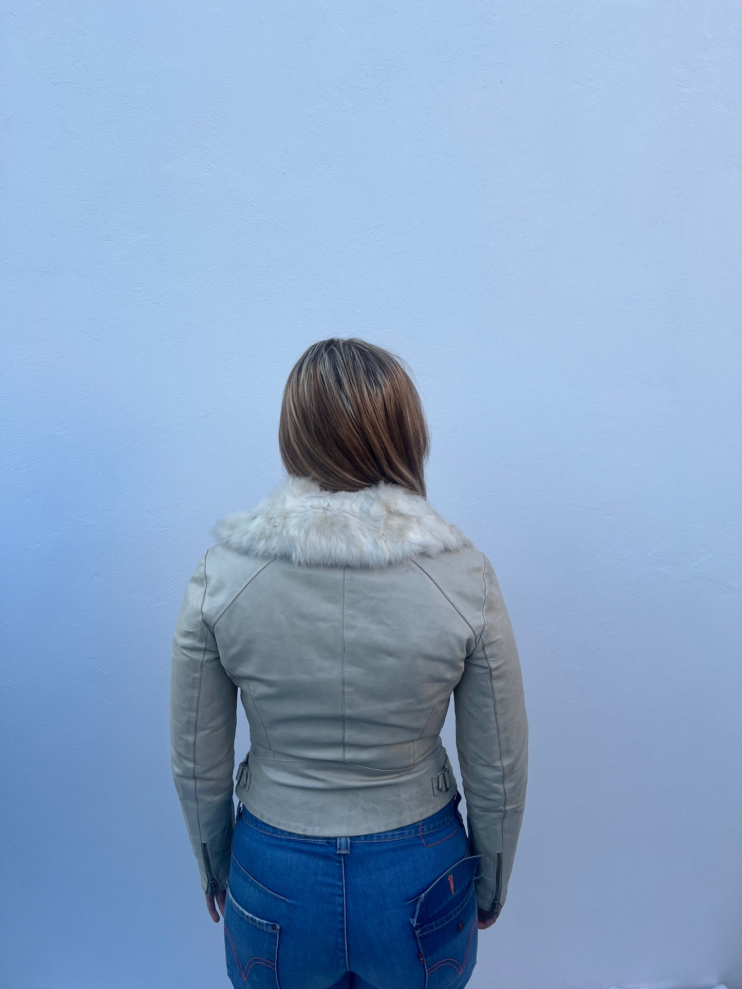 Leður jakki með kanínu fur