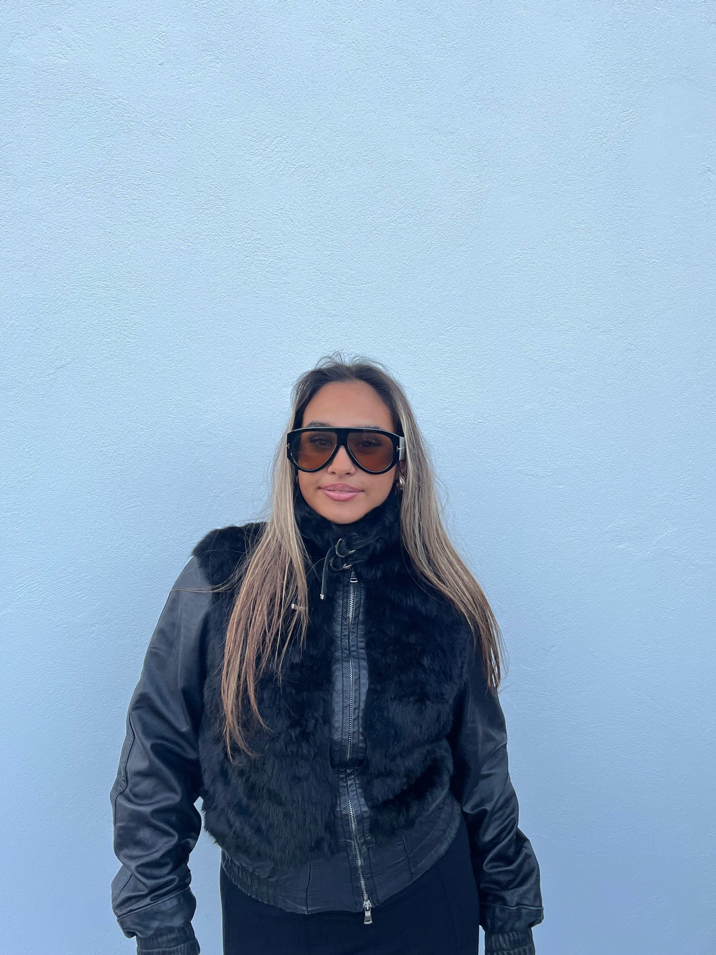 Leður jakki með fur