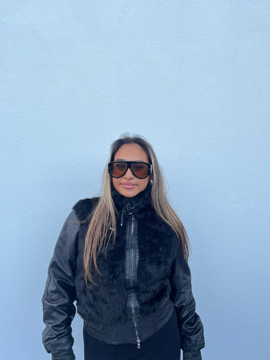 Leður jakki með fur