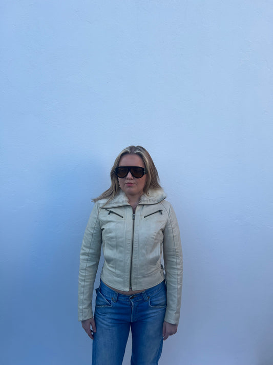 Leður jakki með kanínu fur